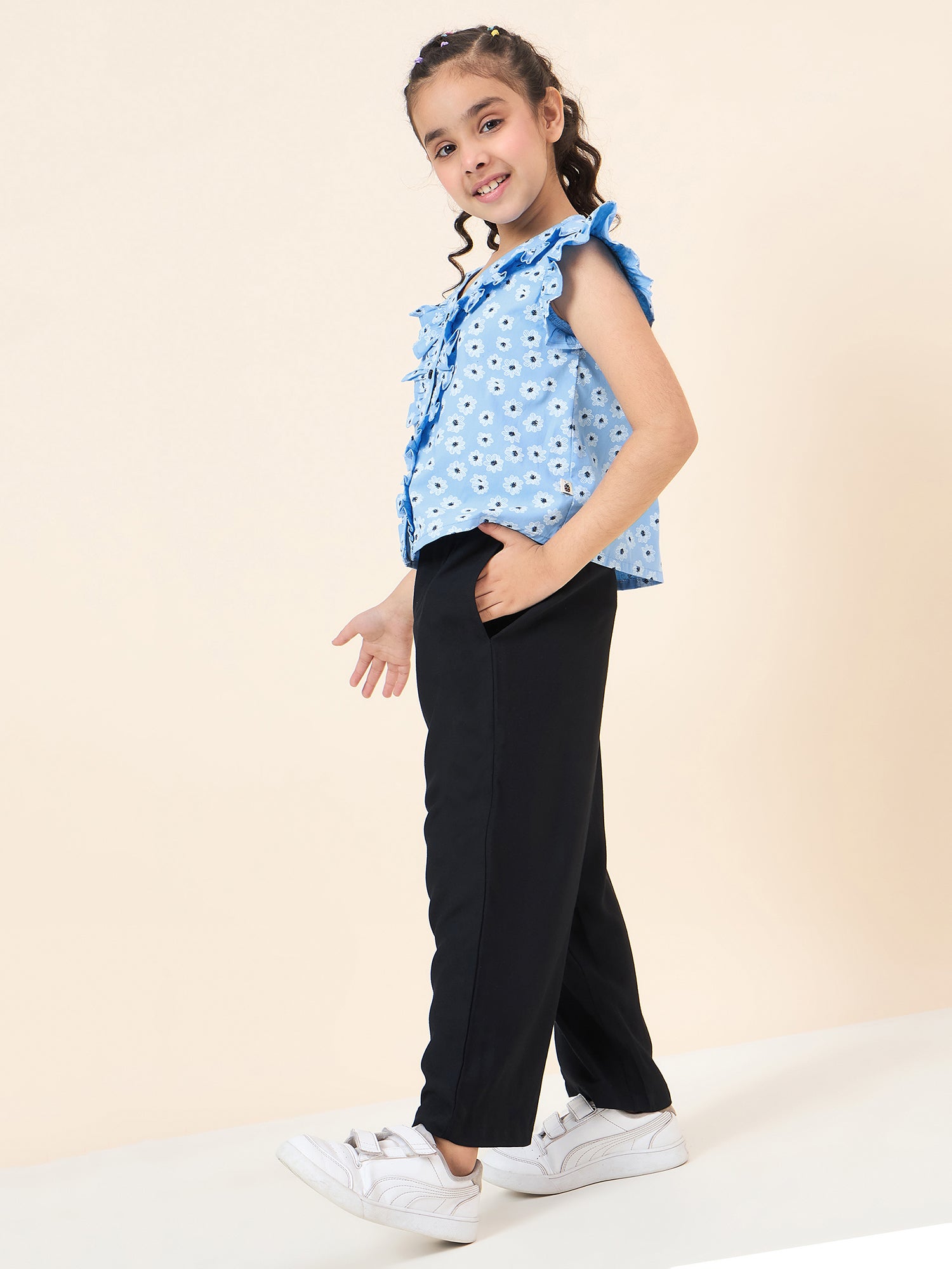 Girls Ankle Length All over Print Top With Pants - Blue