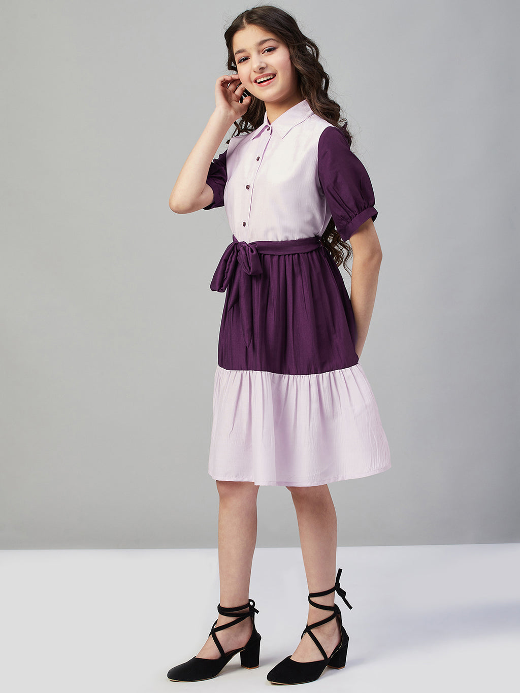 Girls Knee Length Solid Dress - Pink