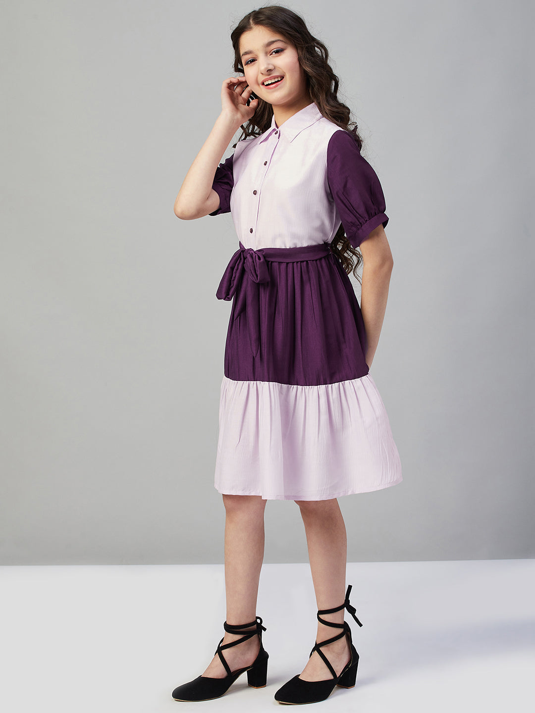 Girls Knee Length Solid Dress - Pink