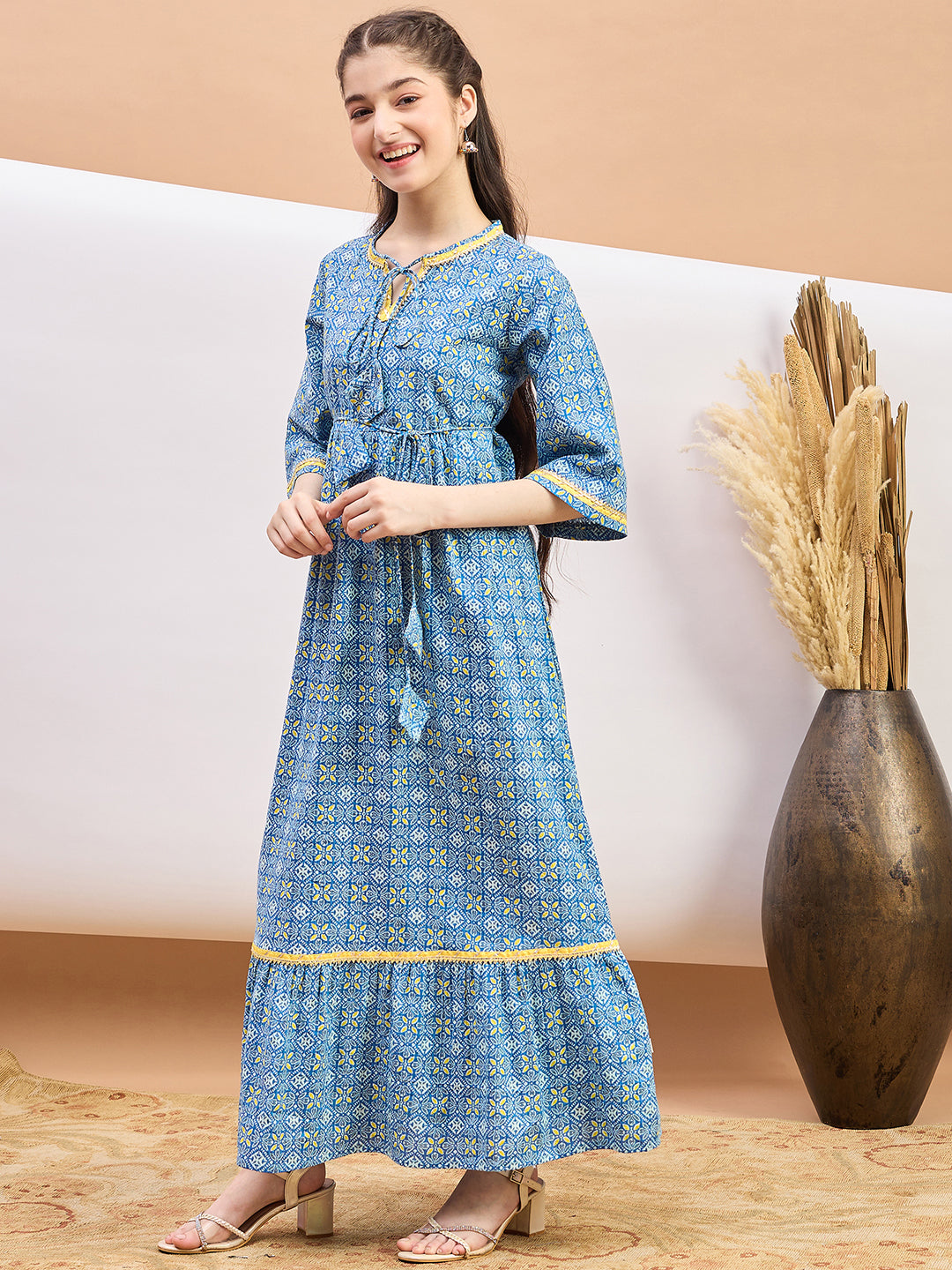 Girls Ankle Length Printed Dress - Blue