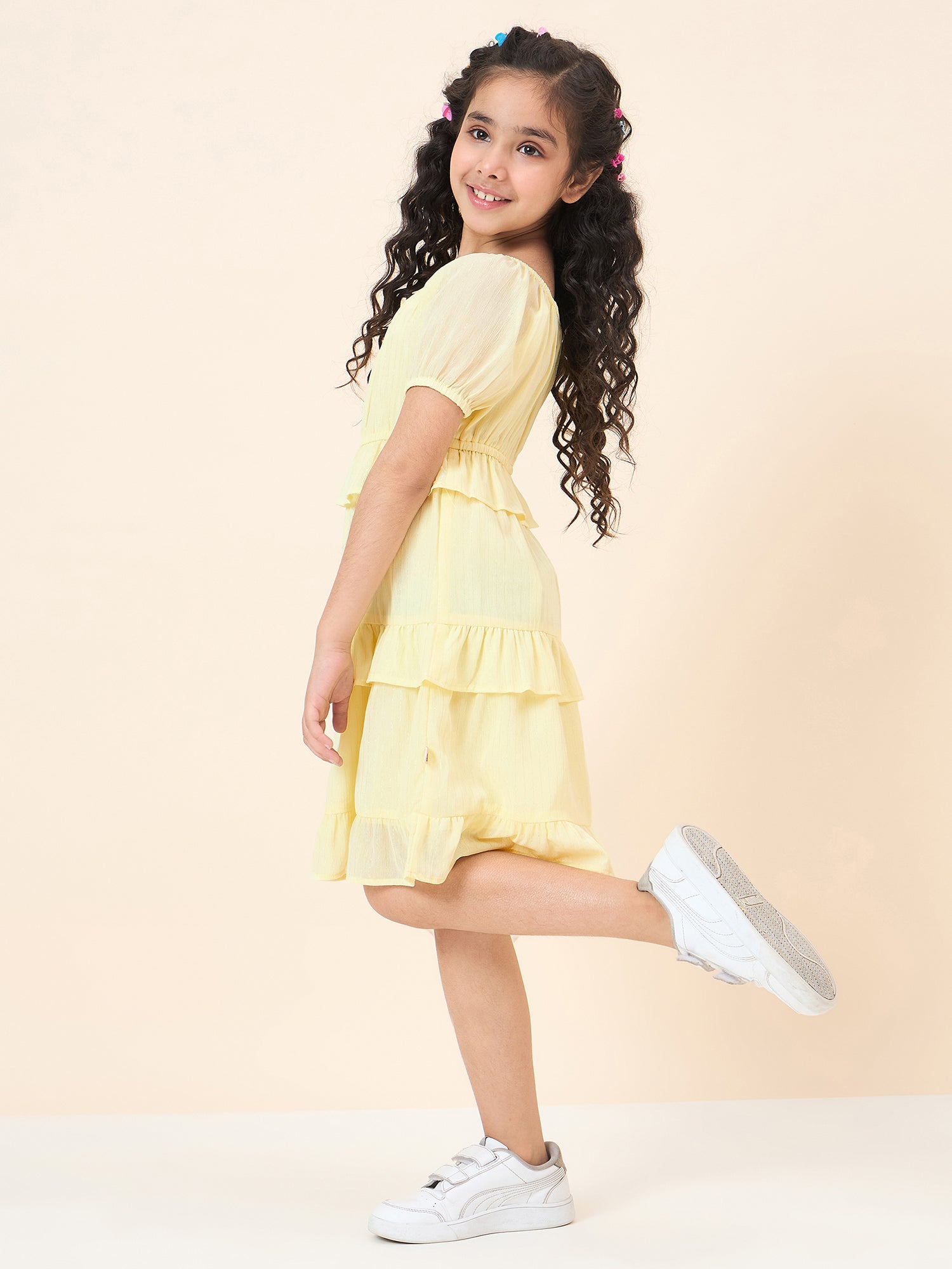 Girls Knee Length Solid Dress - Yellow
