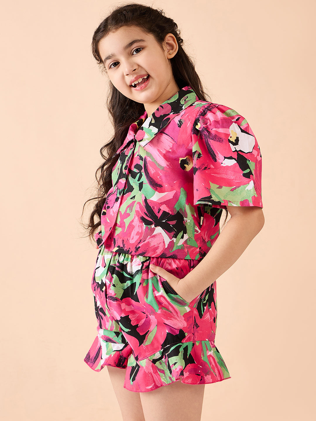 Girls Mid Thigh Printed Top with Shorts - Pink