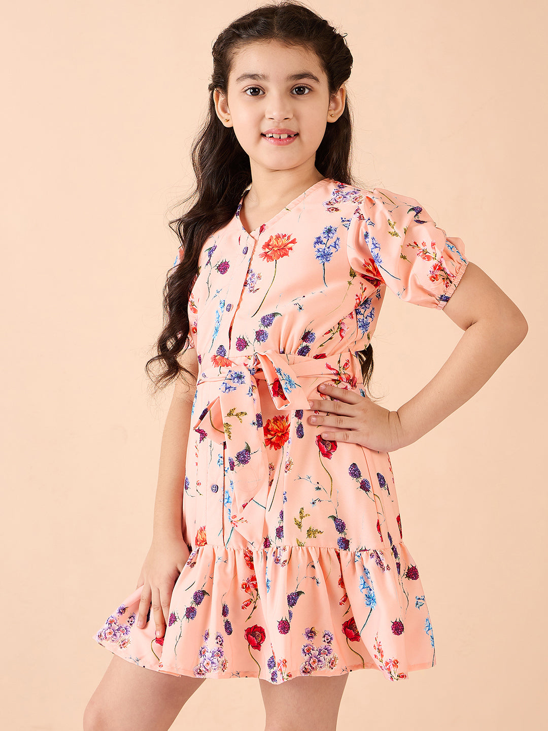 Girls Above Knee Printed Dress - Peach