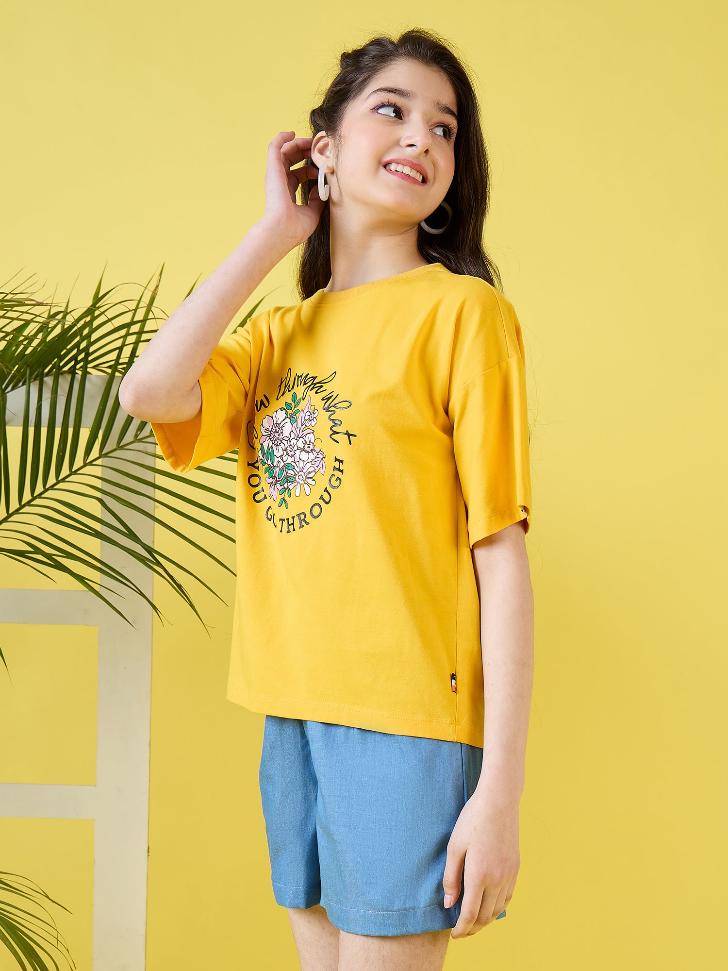 Girls Hip length Printed T-shirt - Yellow