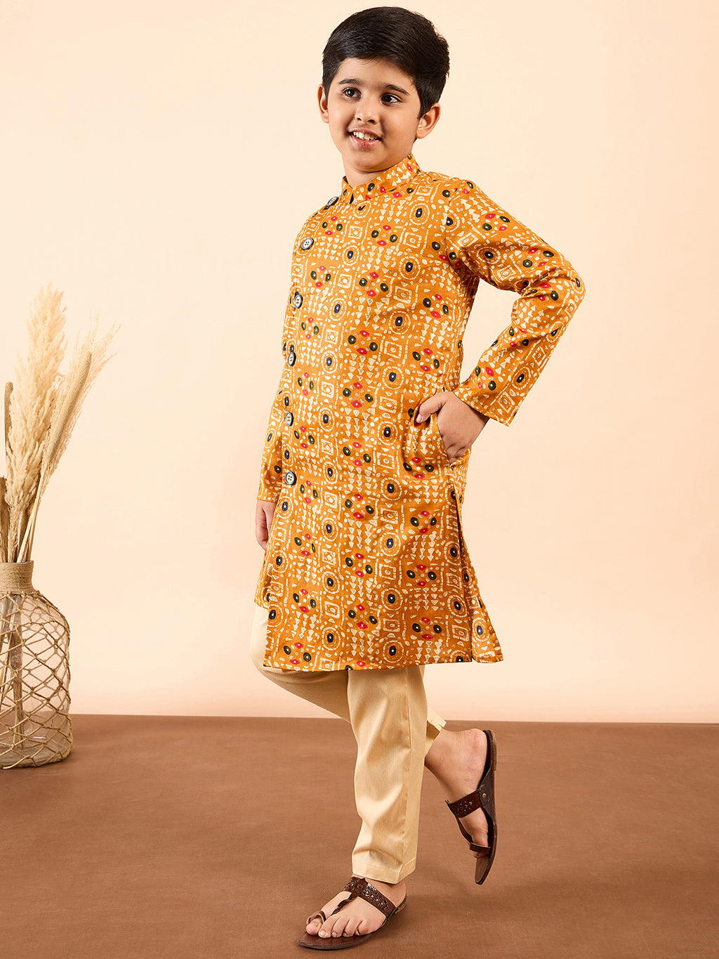 Boys Ankle Length Printed Kurta Set - Yellow