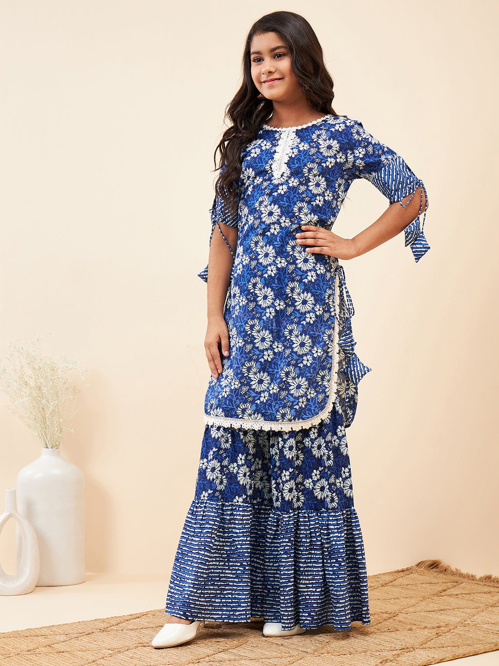 Girls Ankle Length Printed Kurti Set - Navy Blue