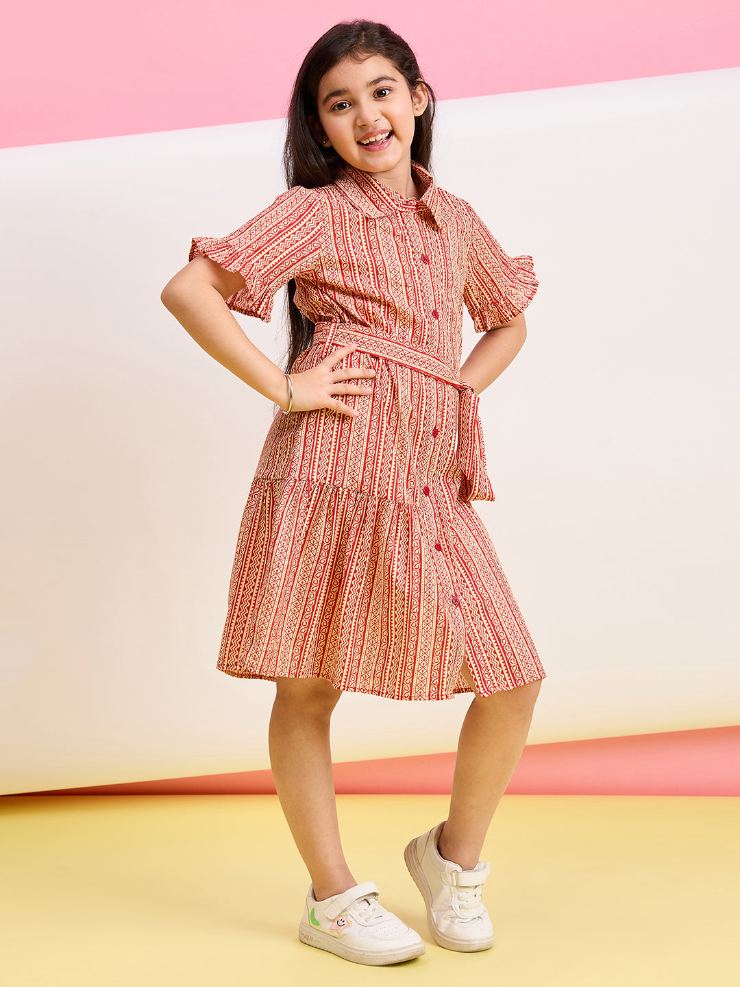 Girls Above knee All over Print Dress - Maroon