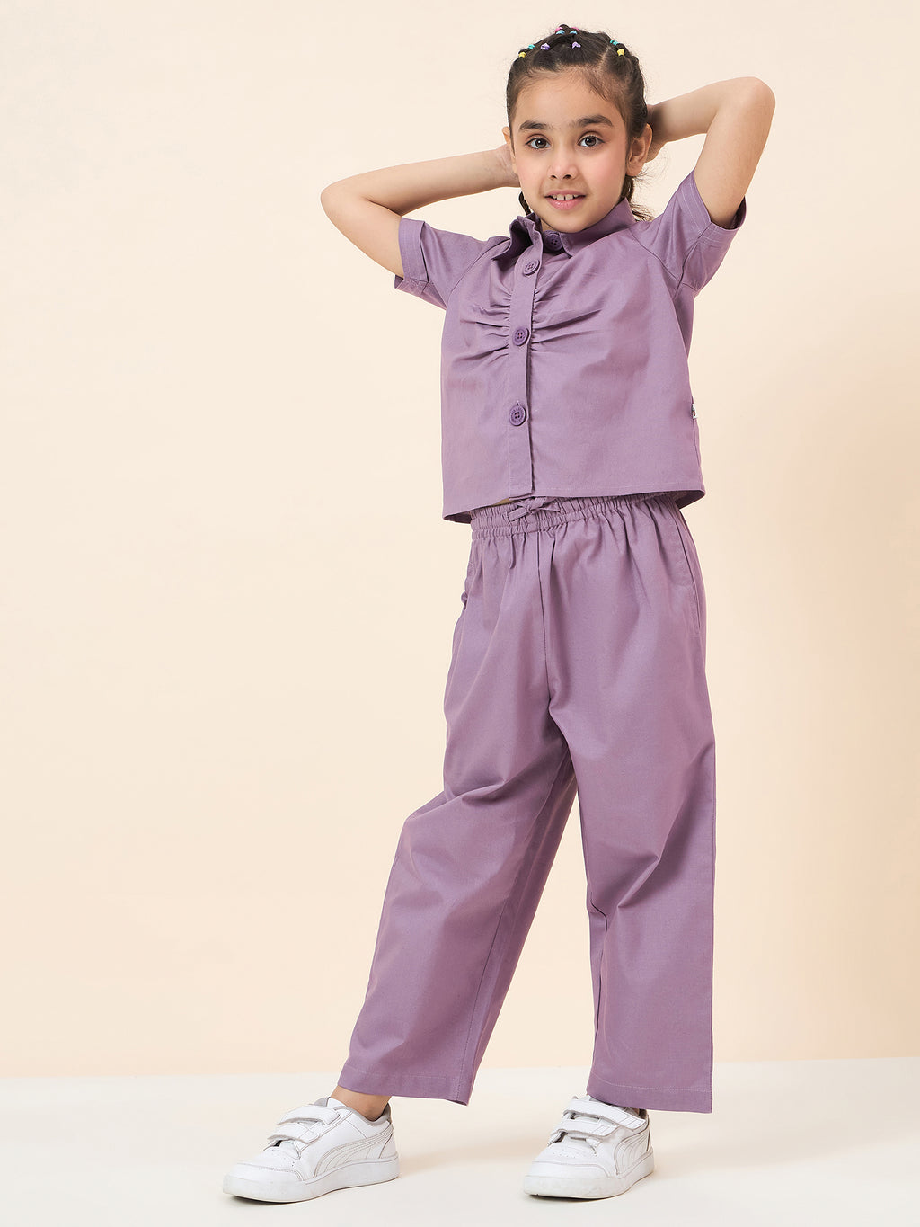 Girls Ankle Length Solid Top With Pants - Purple