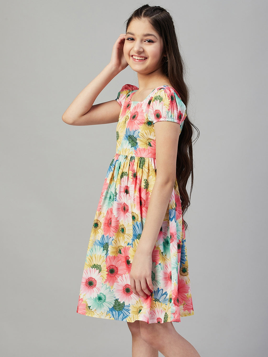 Girls Above Knee Printed Dress - Multi