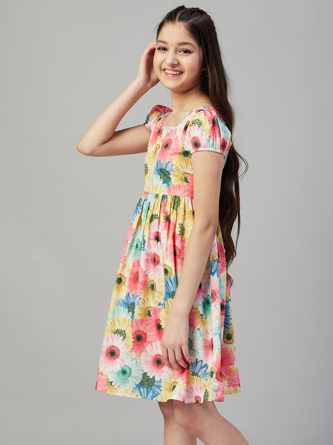 Girls Above Knee Printed Dress - Multi