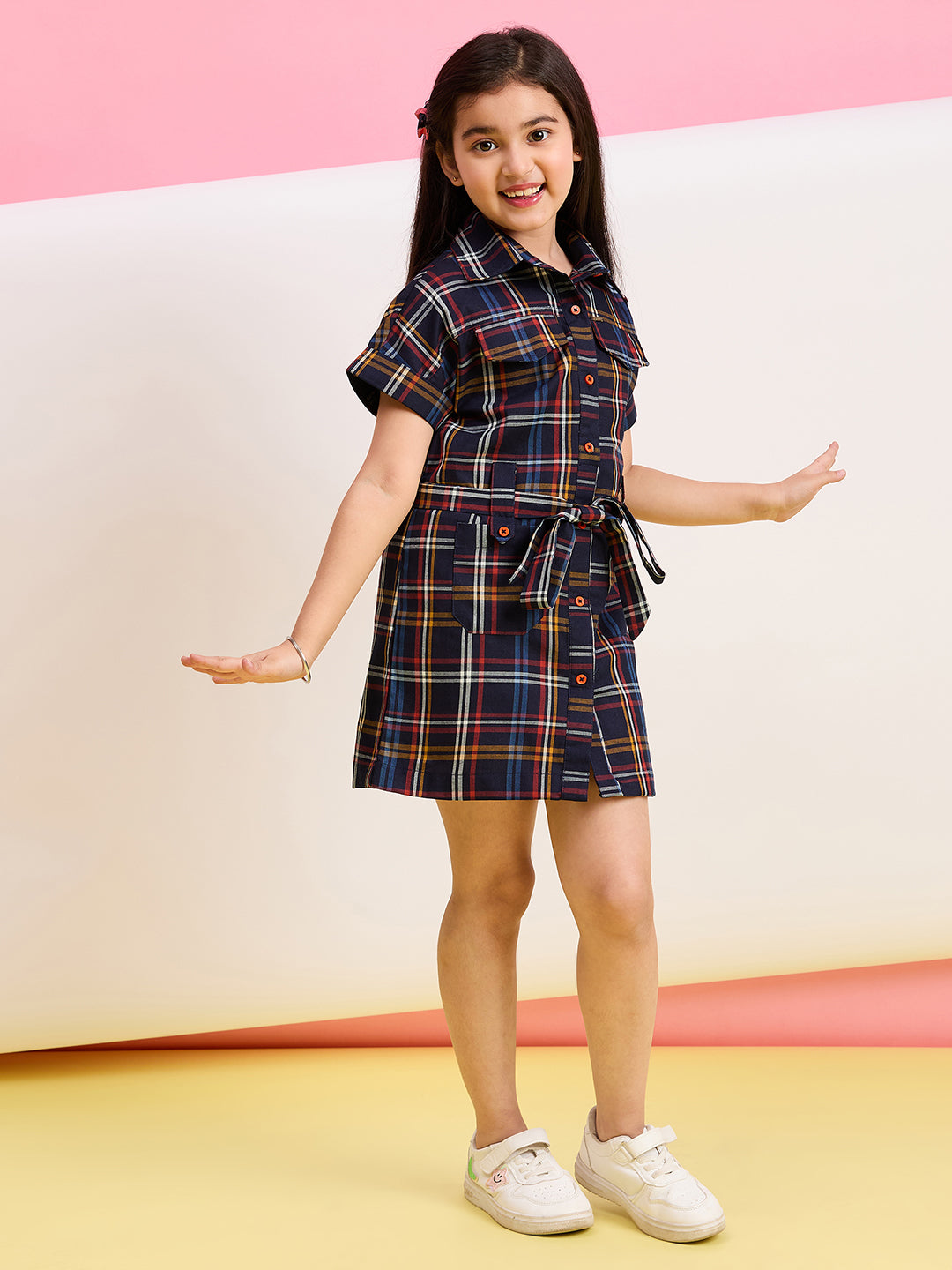 Girls Knee Length Printed Dress - Navy Blue