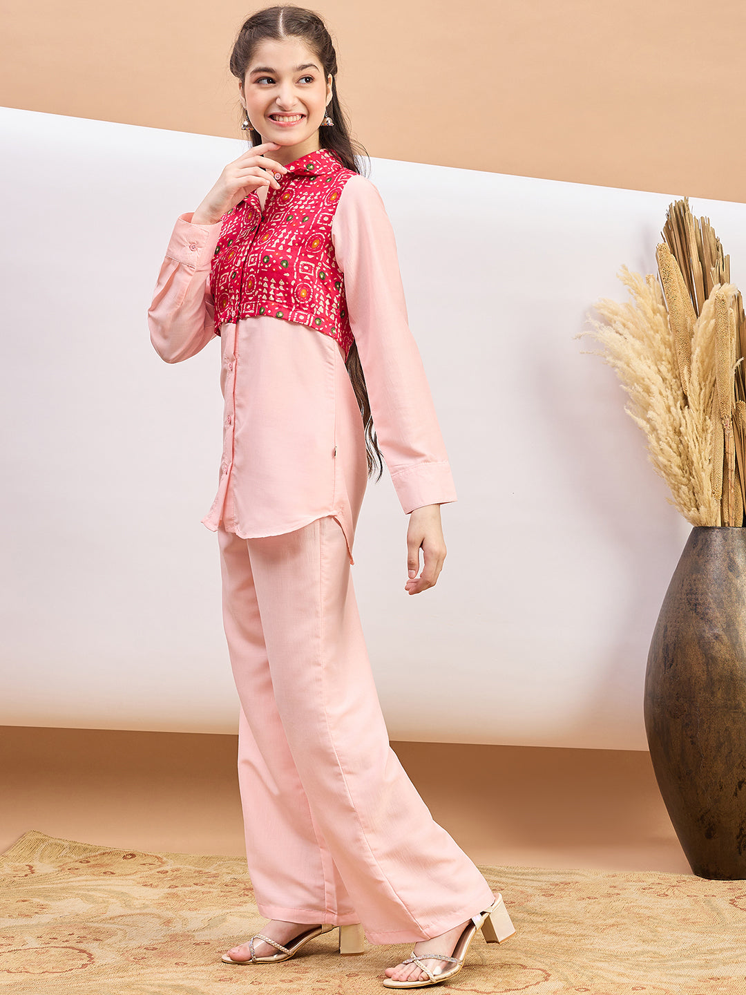 Girls Ankle Length Printed Kurti Set - Pink