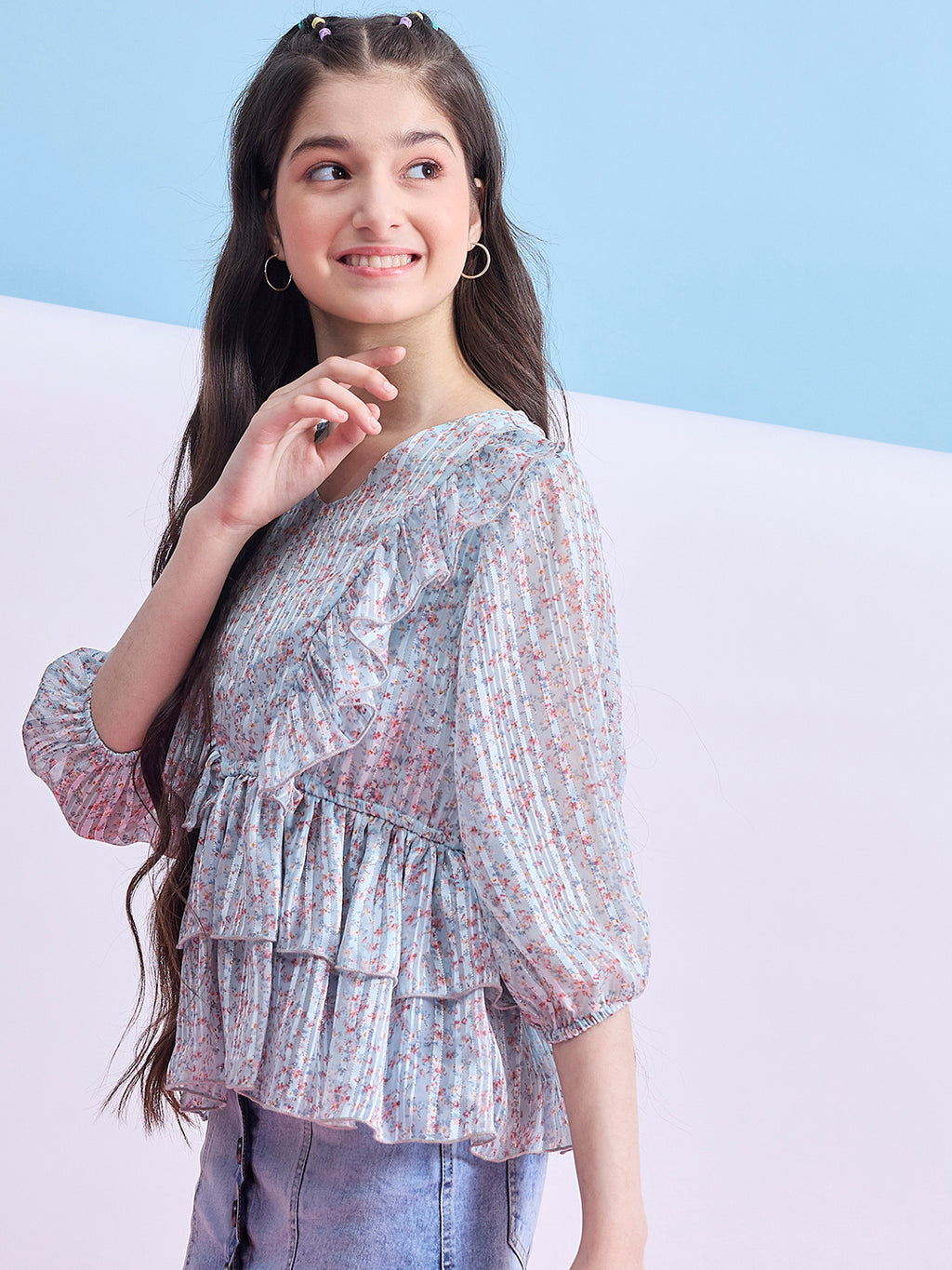 Girls Hip length Printed Top - Blue