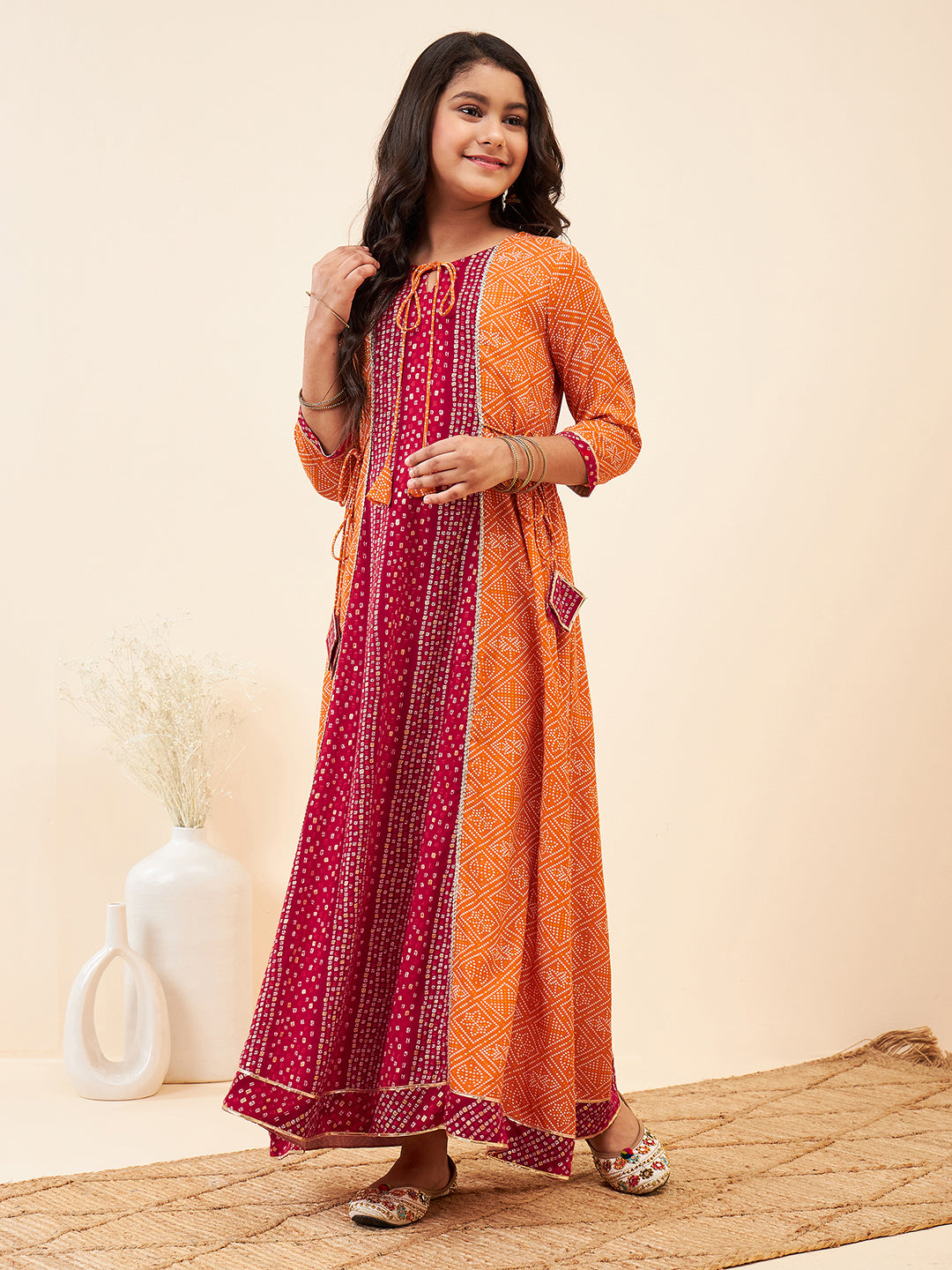 Girls Ankle Length Printed Kurti Set - Orange