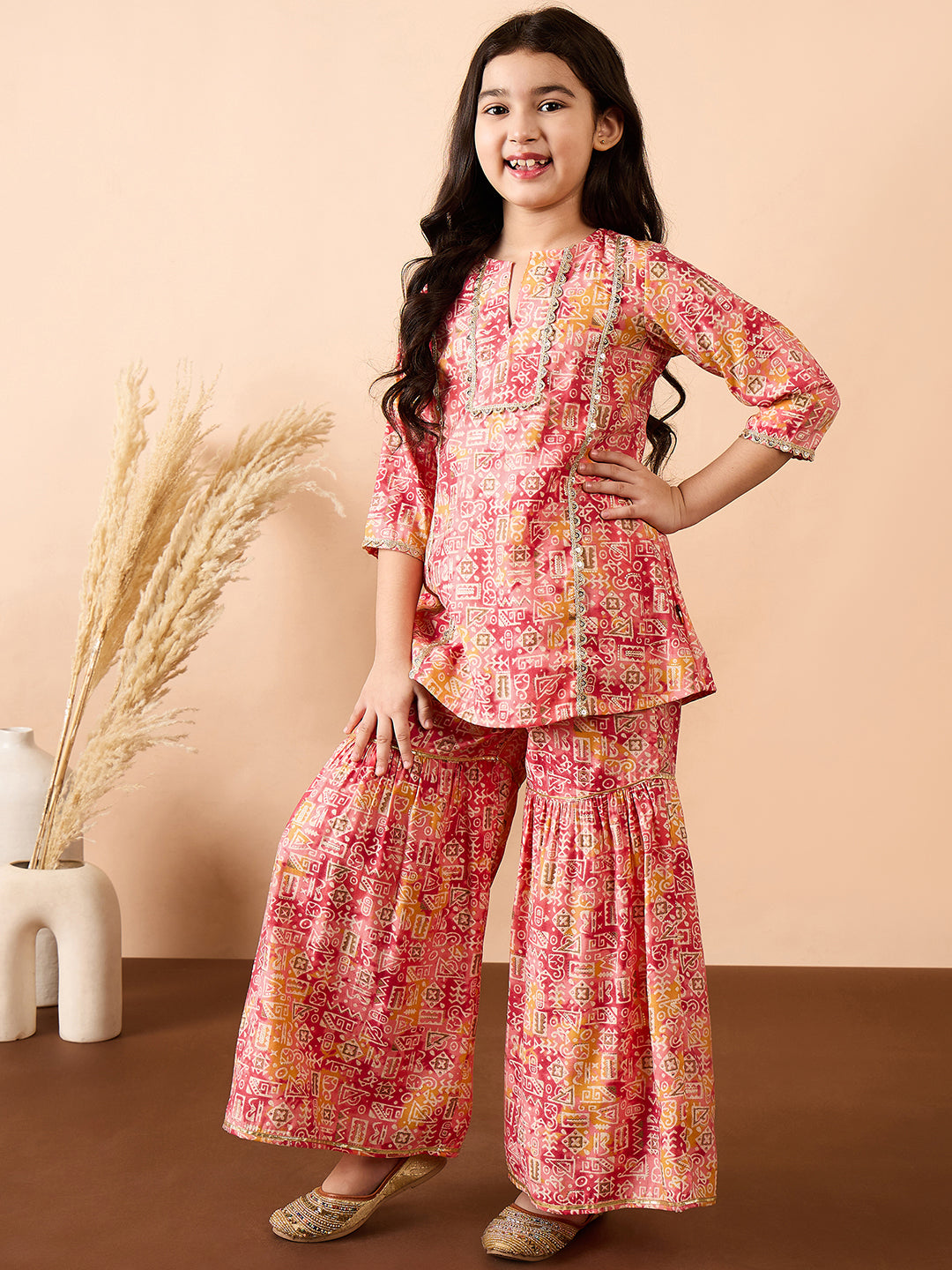 Girls Ankle Length All over Print Kurti Set - Peach