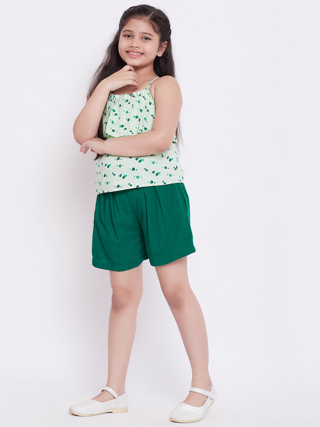 Girls Above Knee Printed Top with Shorts - Green