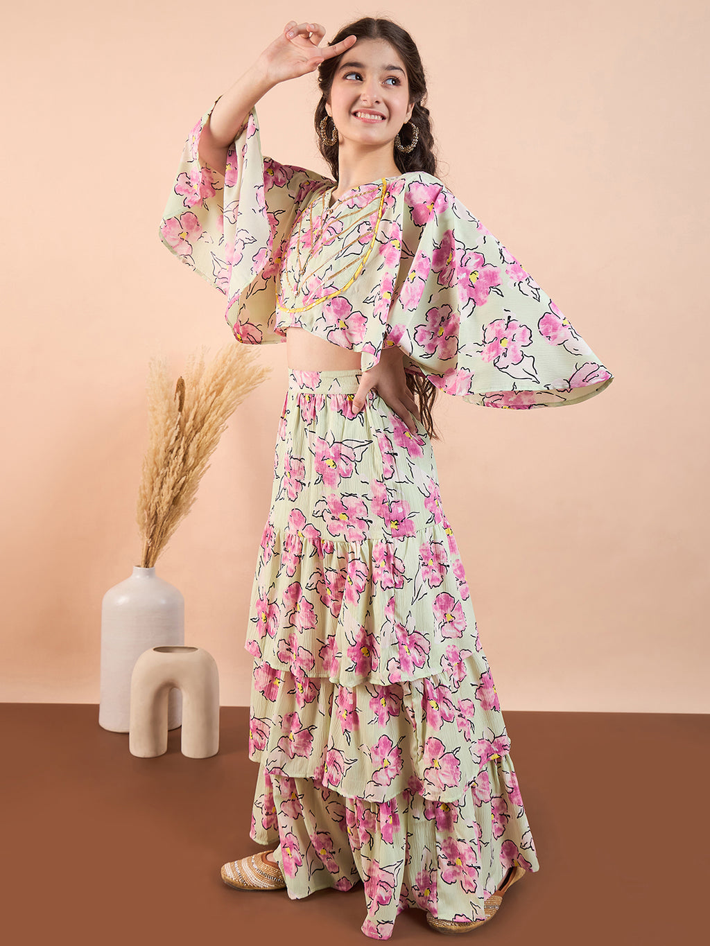 Girls Ankle Length Printed Lehenga Choli - Green