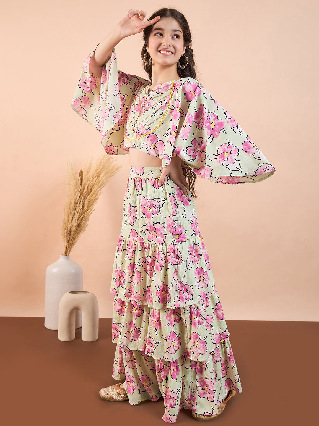 Girls Ankle Length Printed Lehenga Choli - Green