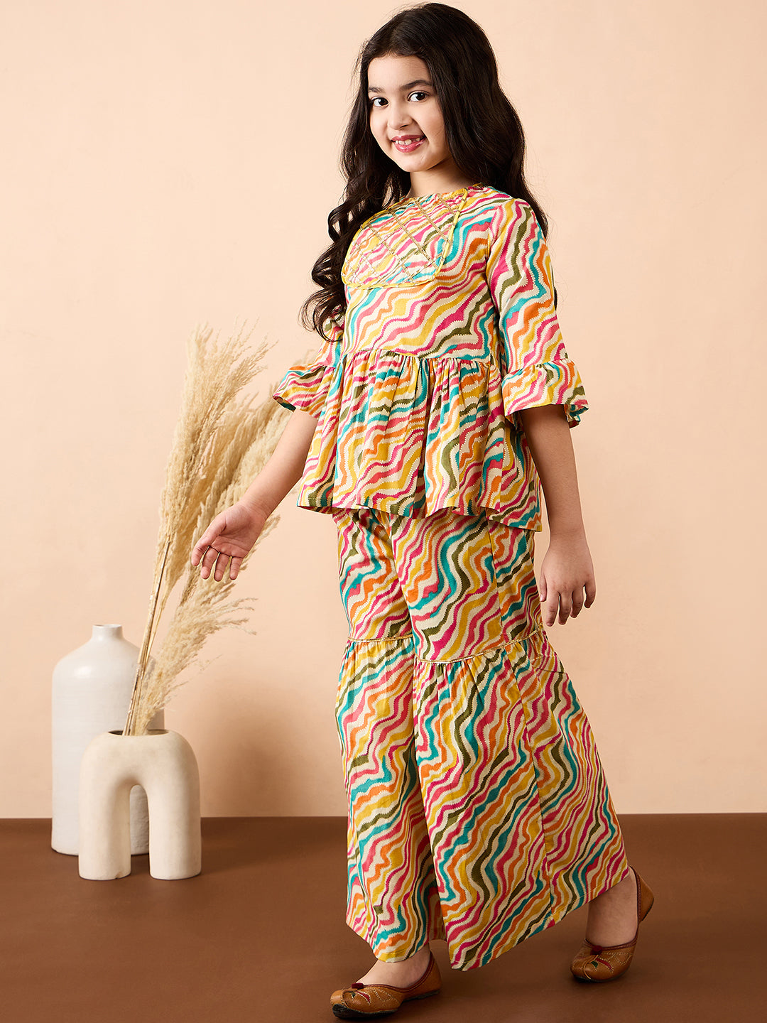 Girls Ankle Length All over Print Kurti Set - Multi