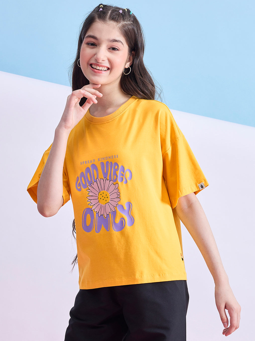 Girls Hip length Printed T-shirt - Yellow
