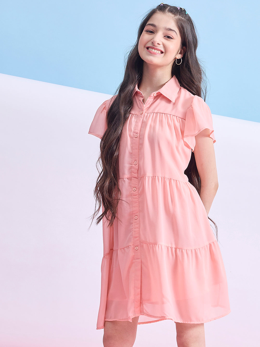 Girls Above Knee Solid Dress - Peach