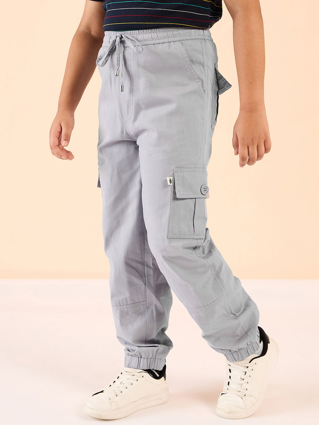 Boys Ankle Length Solid Cargo Pants - Grey