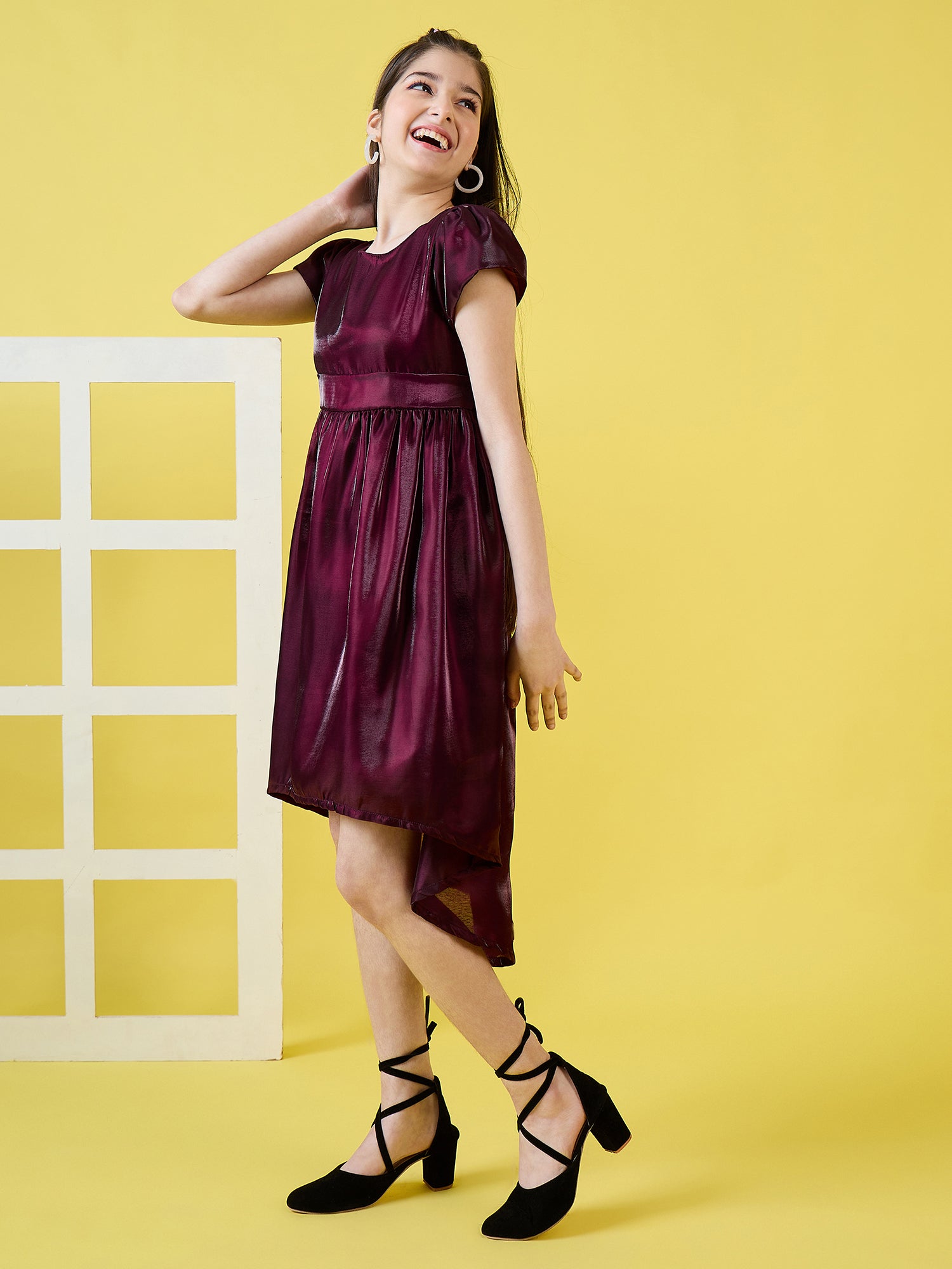 Girls Above Knee Solid Dress - Maroon