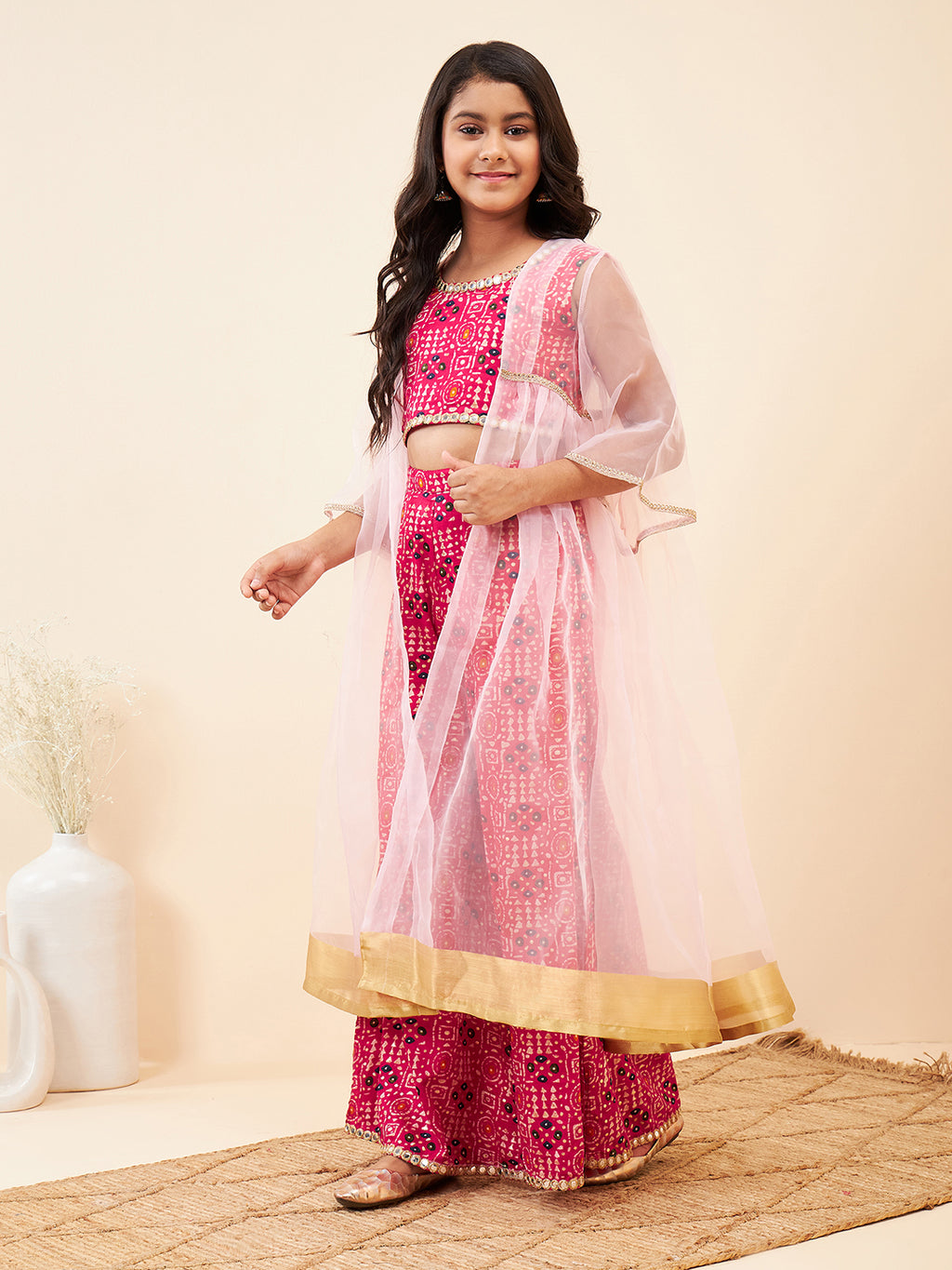 Girls Ankle Length Printed Kurti Set - Pink