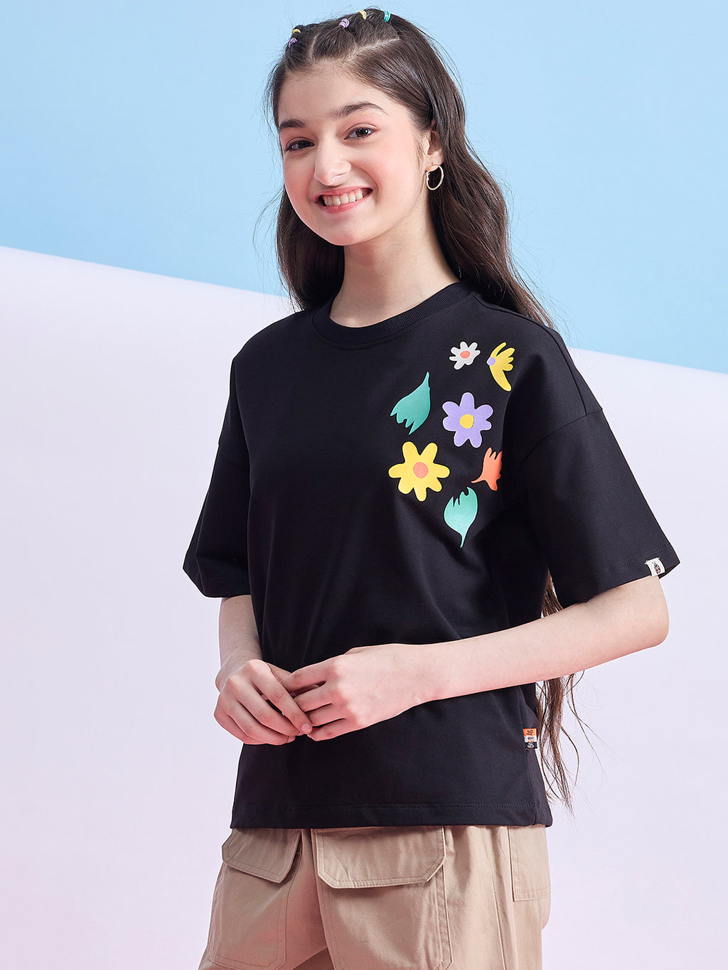 Girls Hip length Printed T-shirt - Black