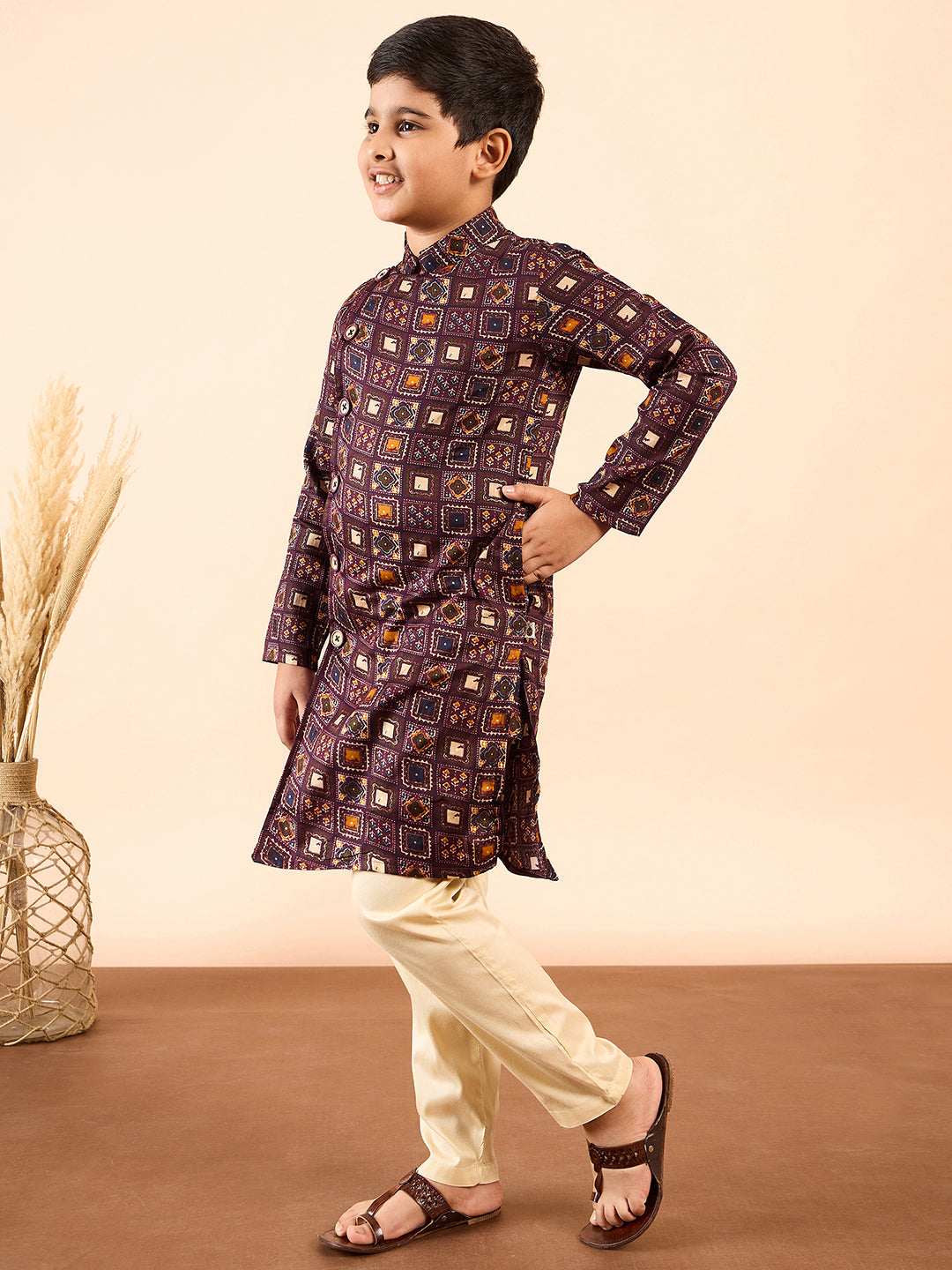 Boys Knee Length Printed Kurta Set - Brown