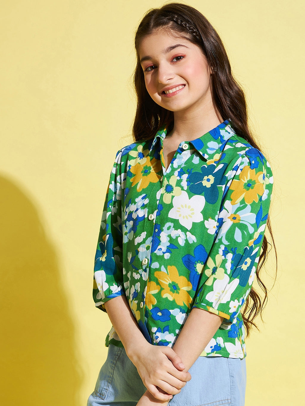 Girls Mid Thigh All over print Top - Green
