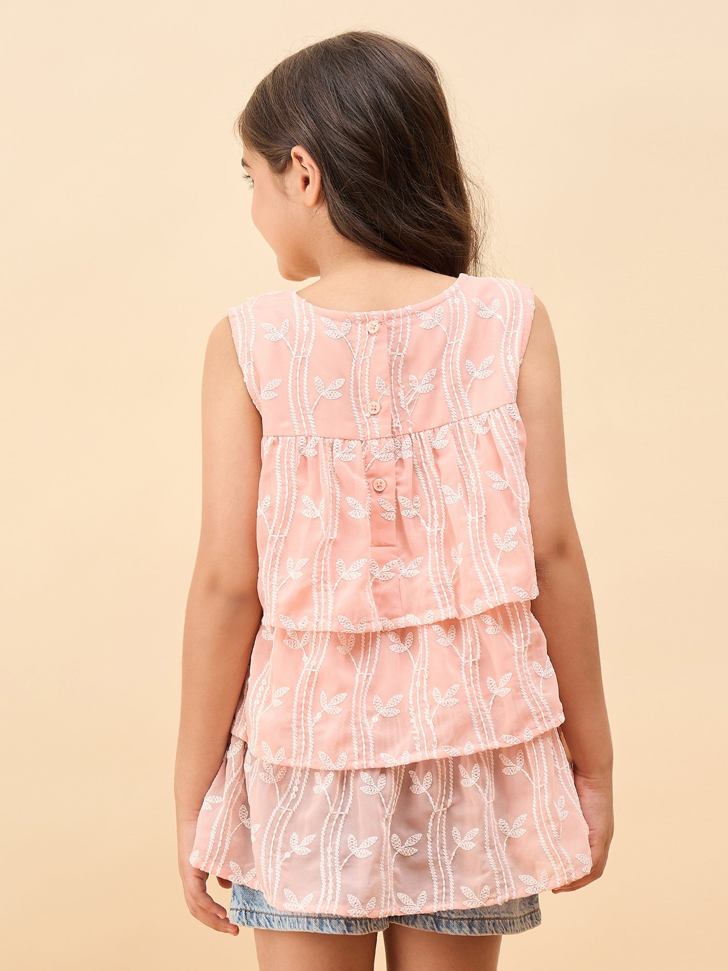 Girls Waist Length Embroidery Top - Peach
