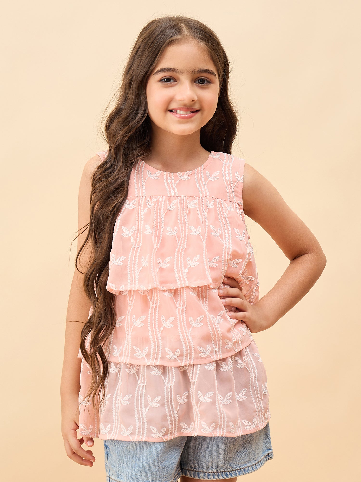 Girls Waist Length Embroidery Top - Peach