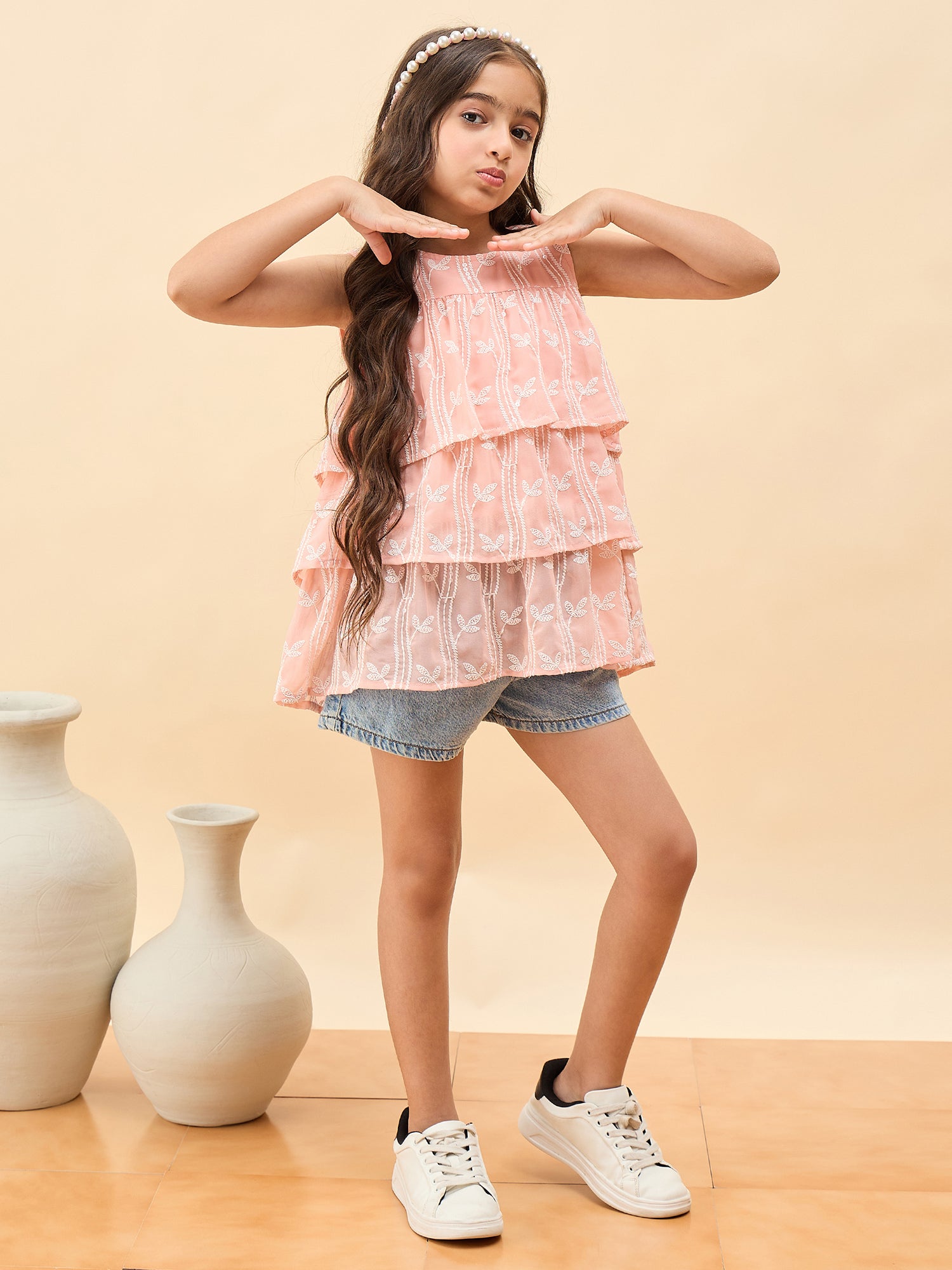 Girls Waist Length Embroidery Top - Peach