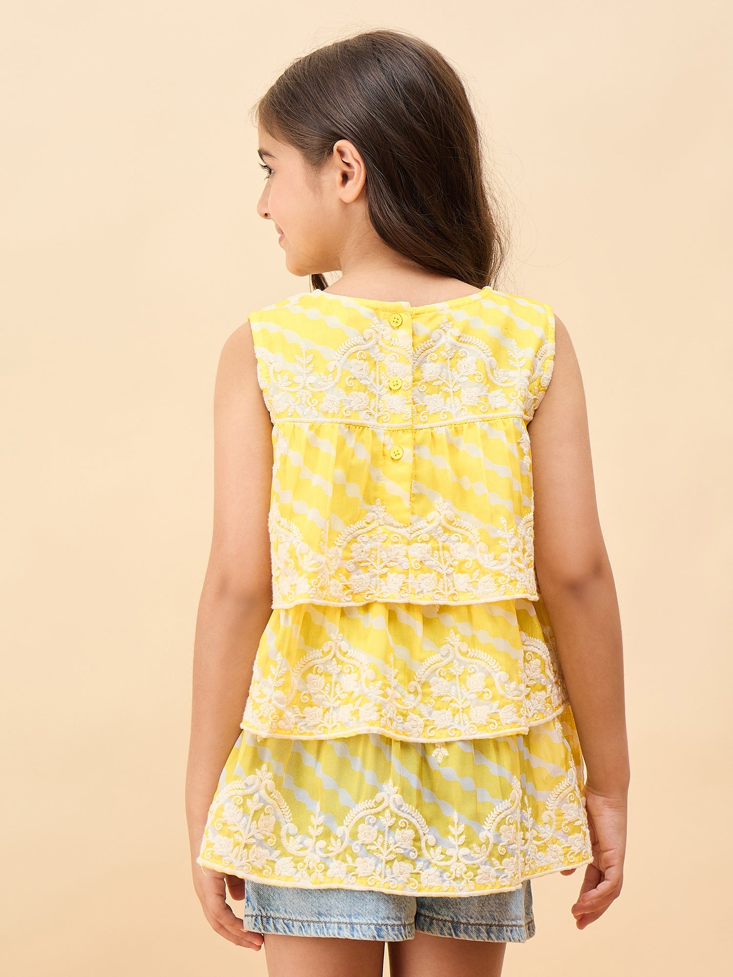 Girls Waist Length Embroidery Top - Yellow