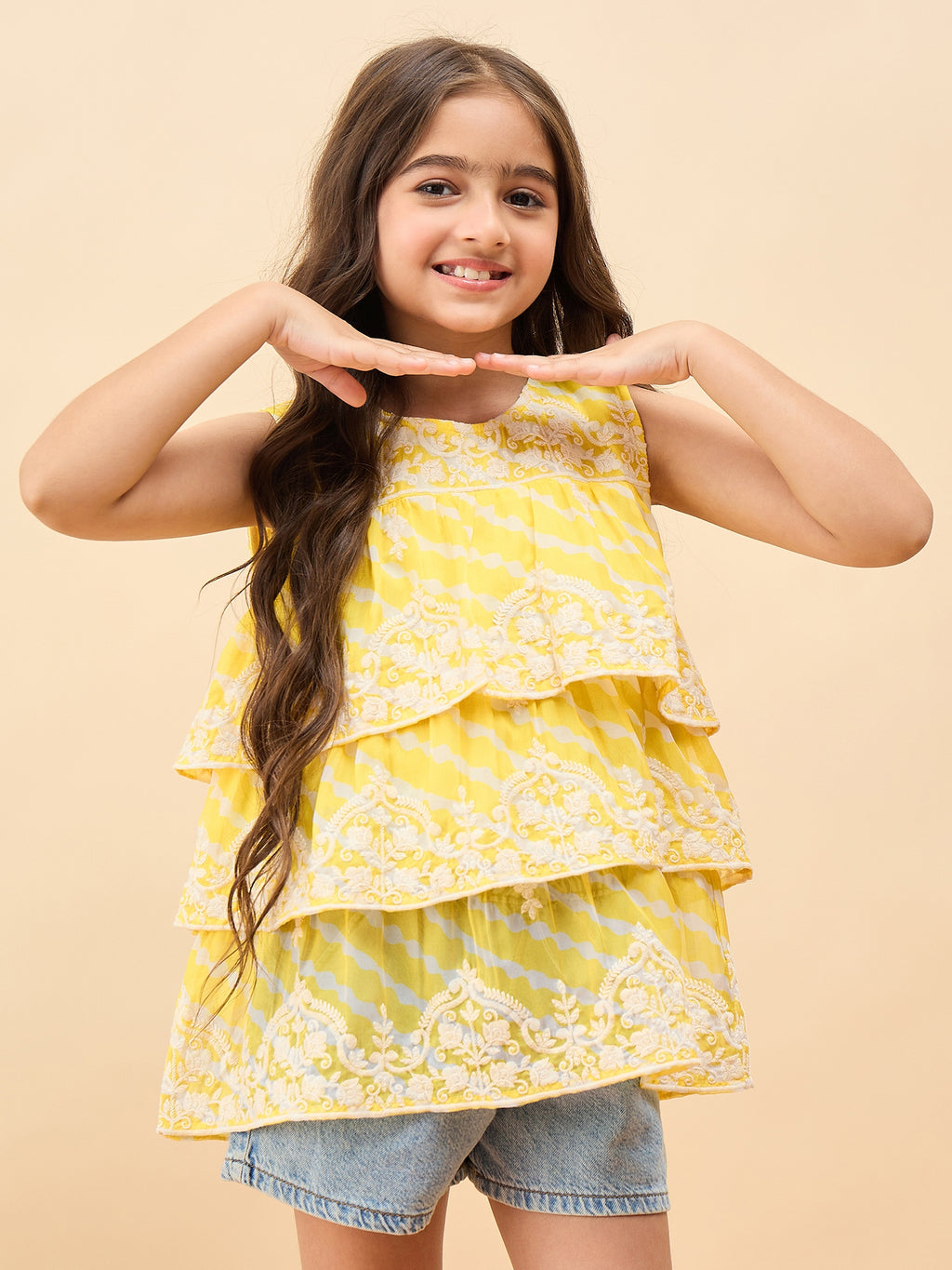 Girls Waist Length Embroidery Top - Yellow