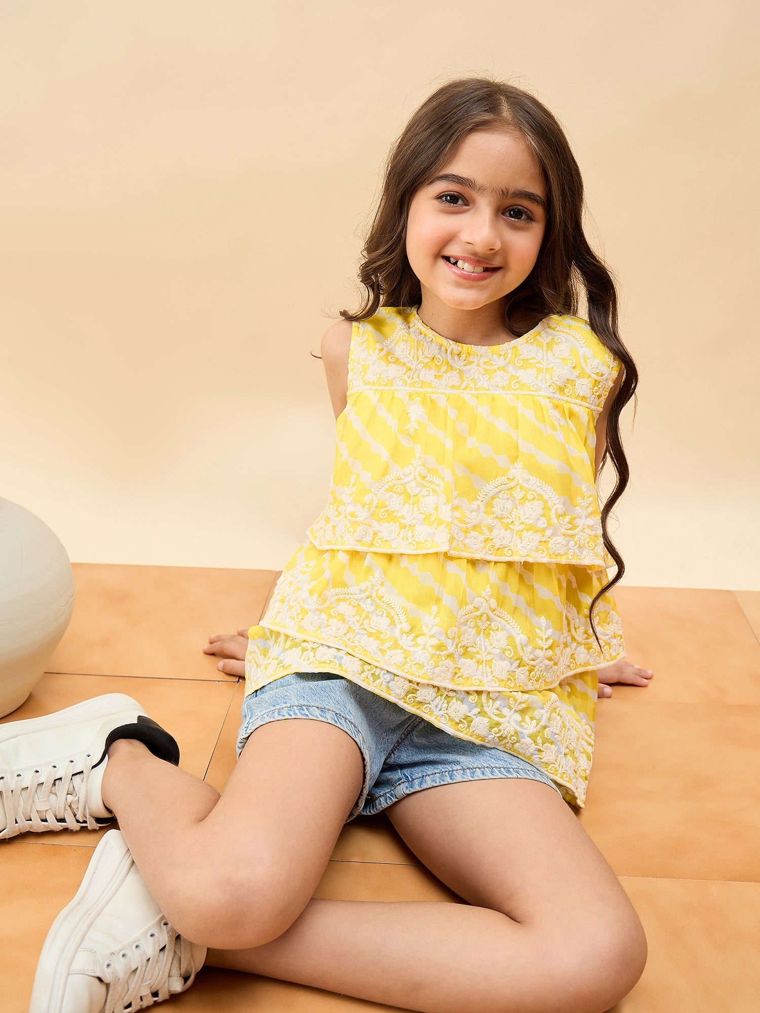 Girls Waist Length Embroidery Top - Yellow