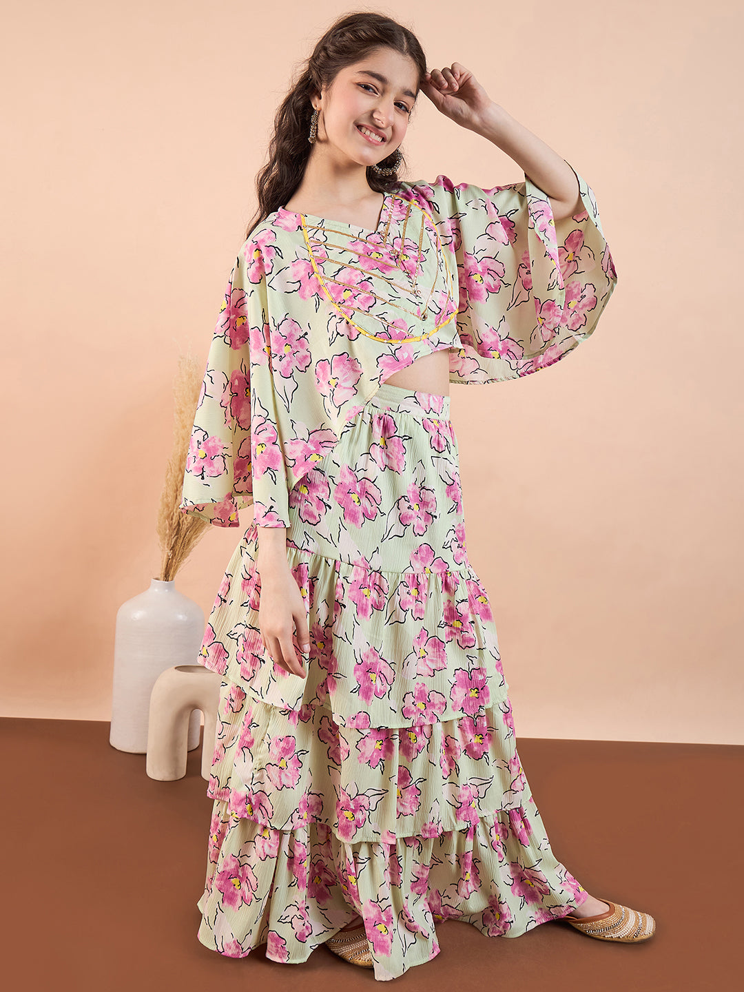 Girls Ankle Length Printed Lehenga Choli - Green