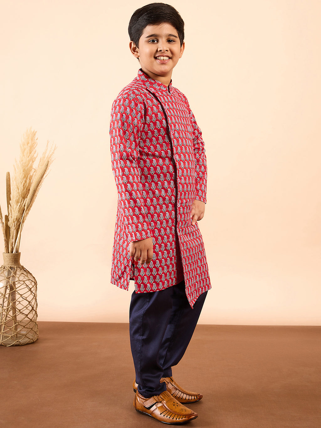 Boys Knee Length Printed Kurta Set - Red