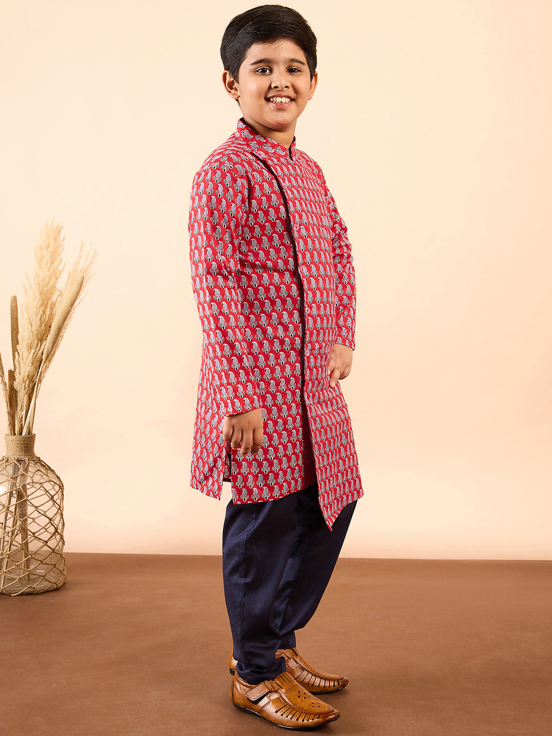 Boys Knee Length Printed Kurta Set - Red