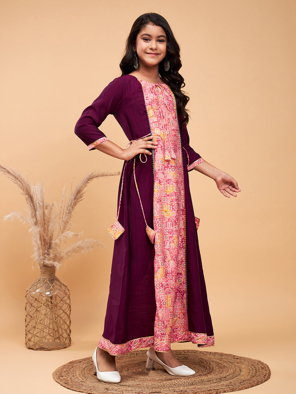 Girls Ankle Length Printed Kurti Set - Purple