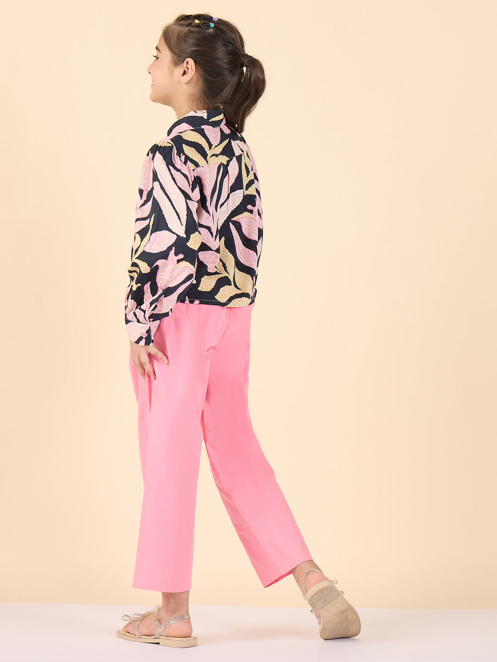 Girls Ankle Length All over Print Top With Pants - Black