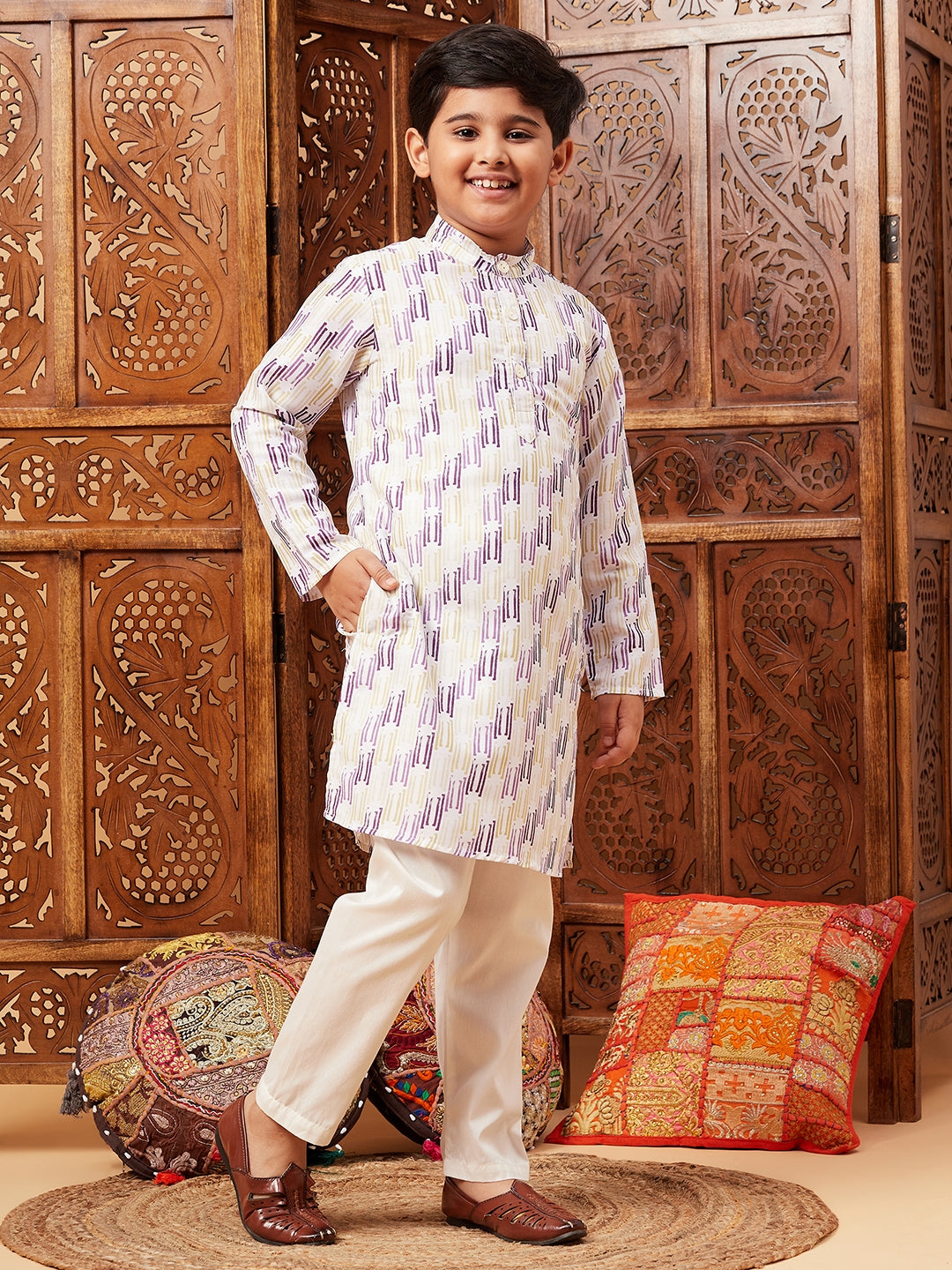 Boys Above Knee All over print Kurta Set - Purple
