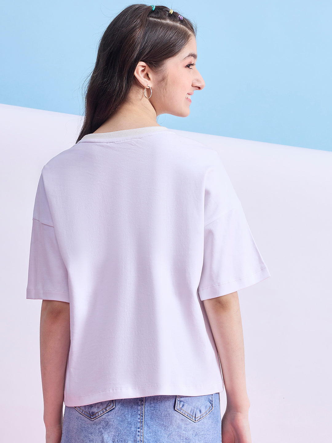 Girls Hip length Printed T-shirt - White