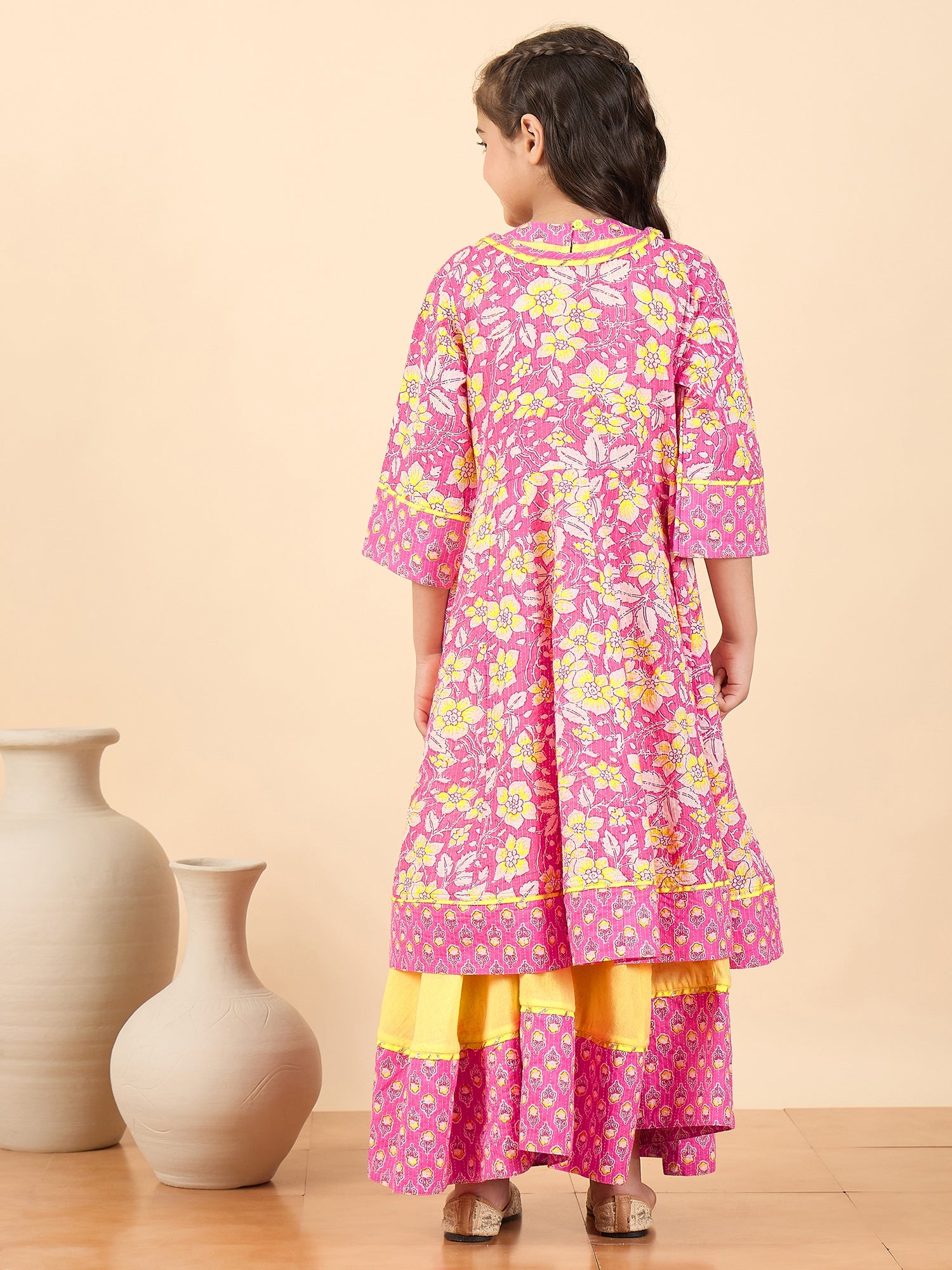 Girls Full Length Embroidery Kurti Set - Pink