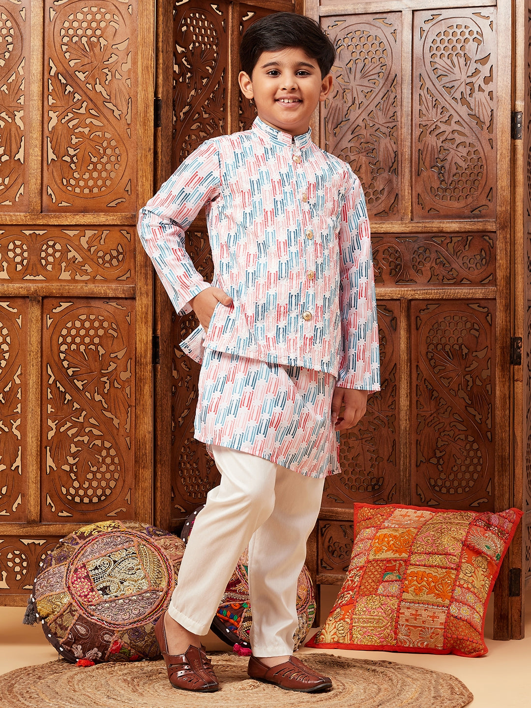 Boys Above Knee Embroidery Kurta Set with Jacket - Multi