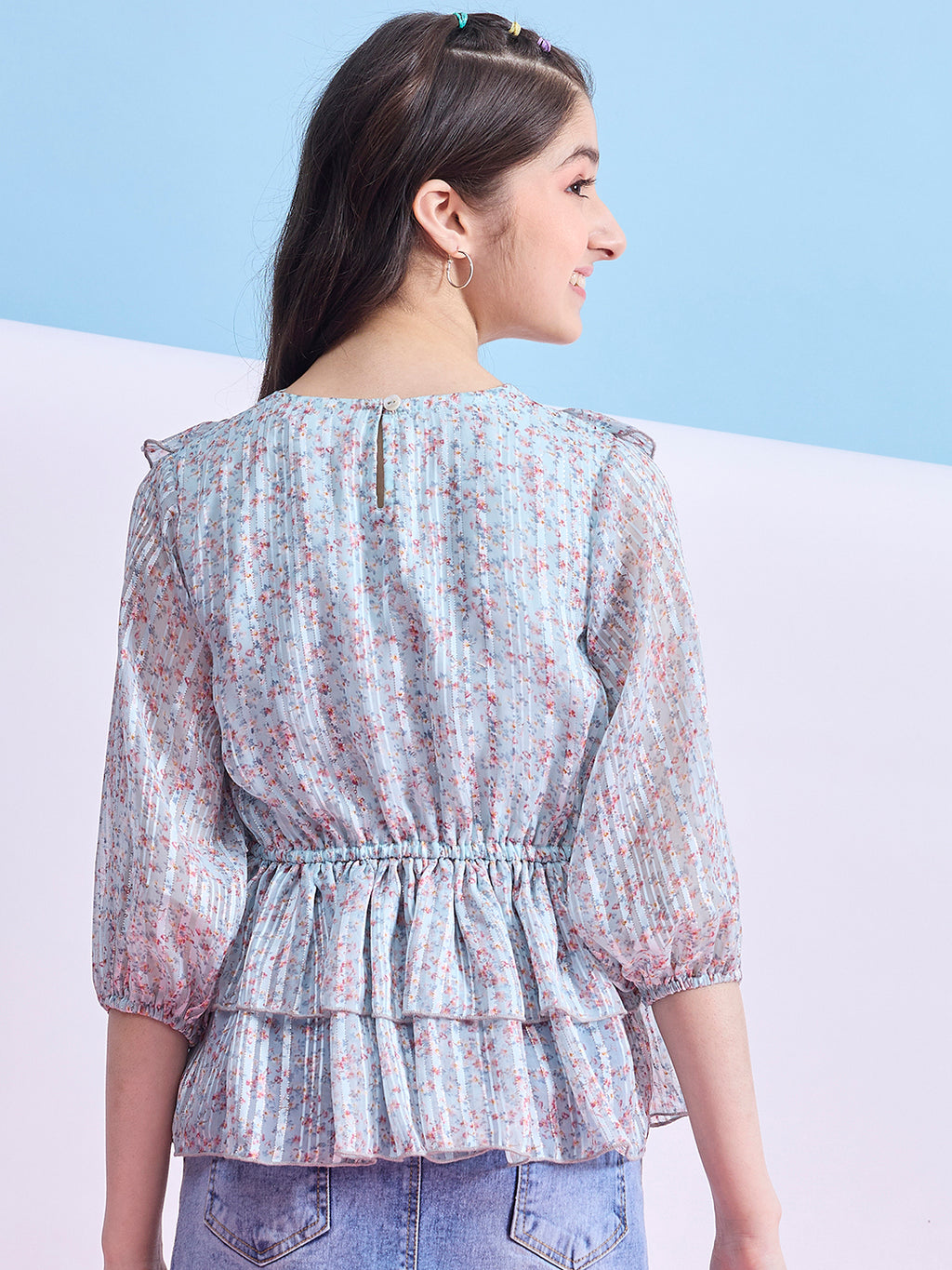 Girls Hip length Printed Top - Blue