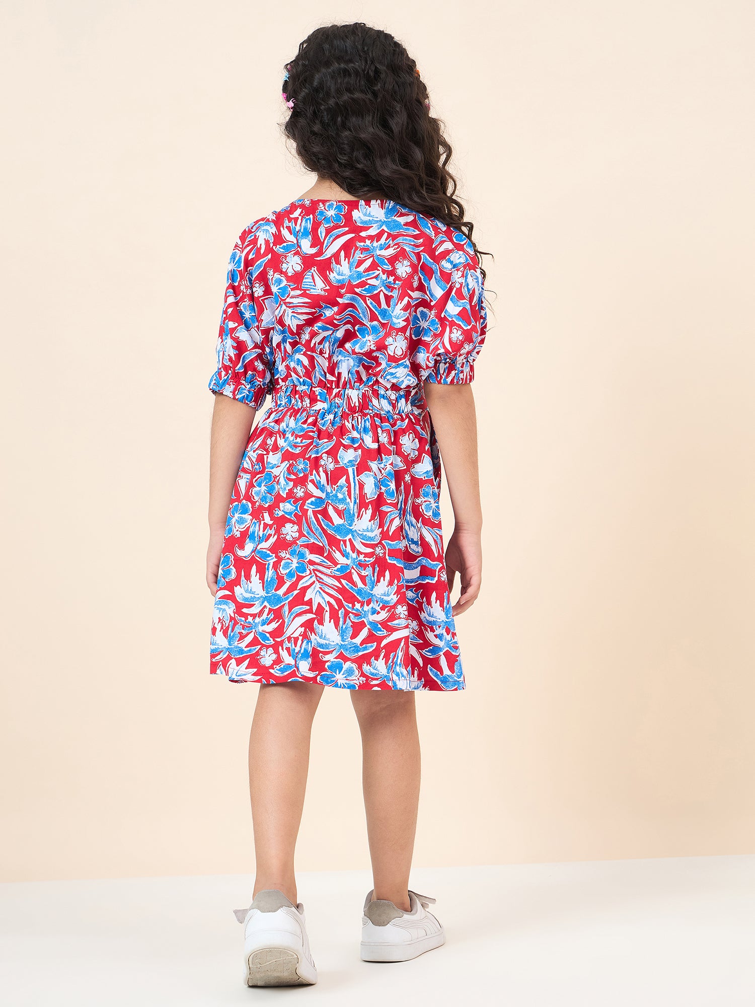 Girls Knee Length All over Print Dress - Red