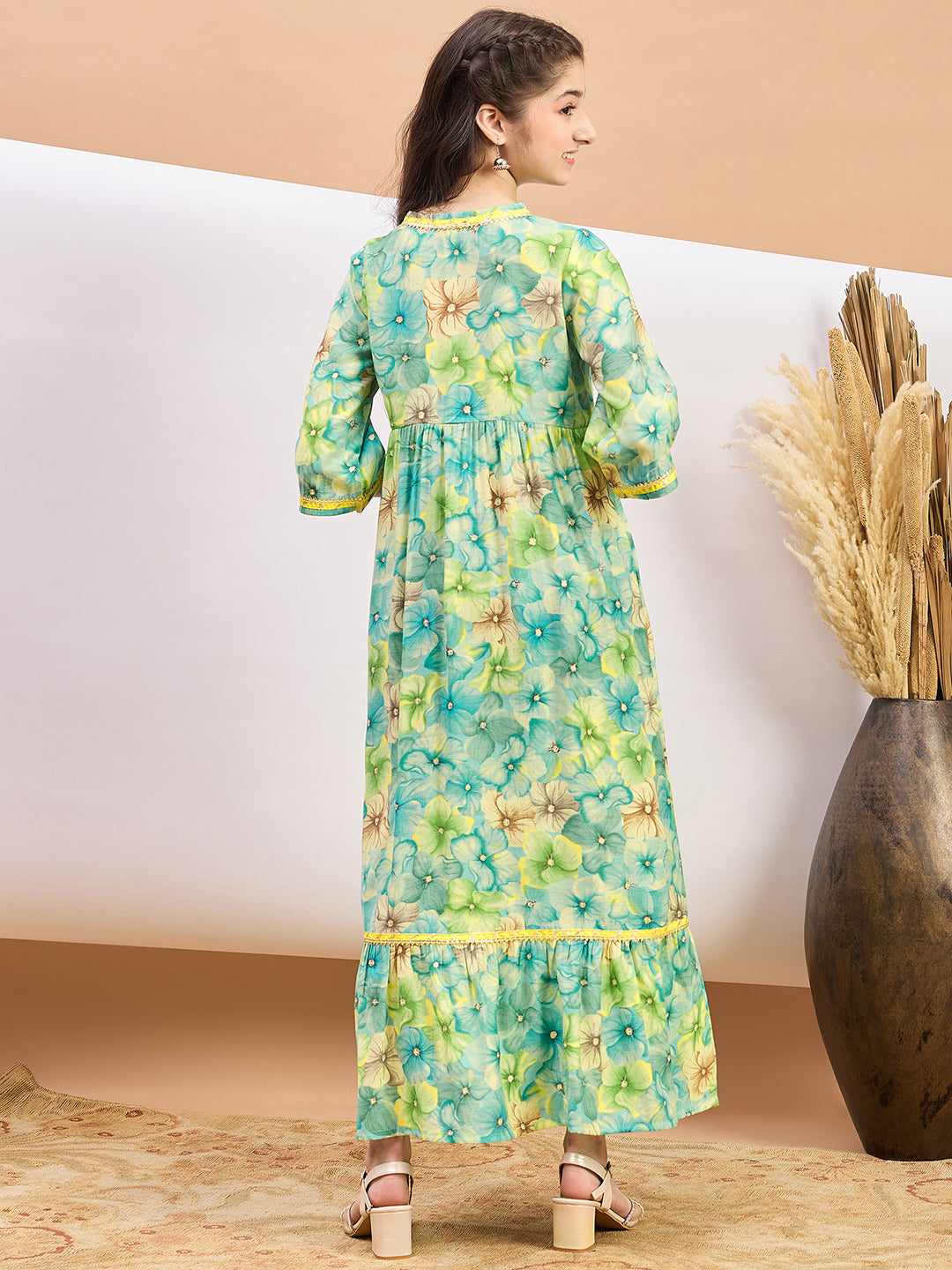 Girls Ankle Length Printed Dress - Green