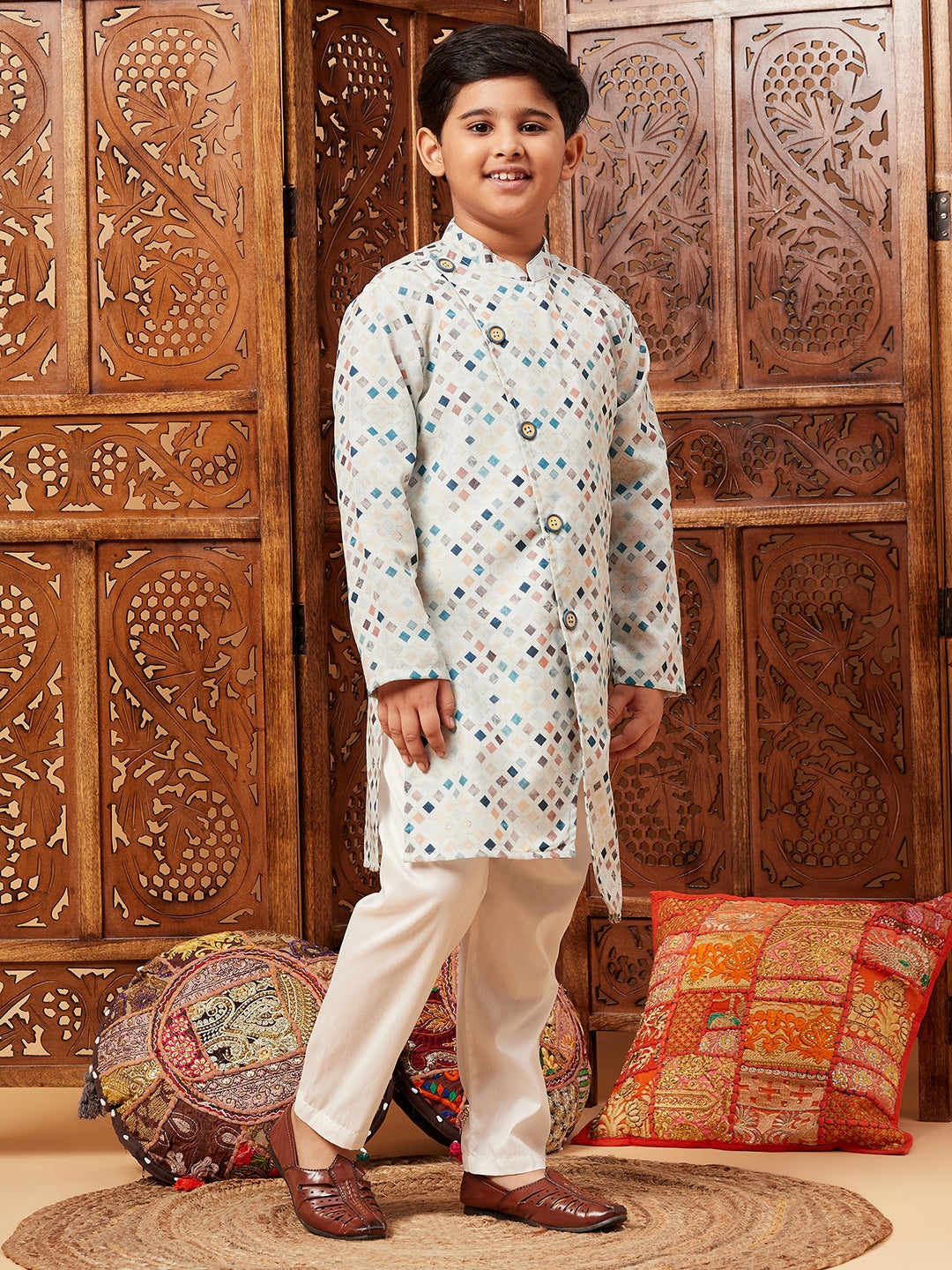 Boys Above Knee All over print Kurta Set - Blue